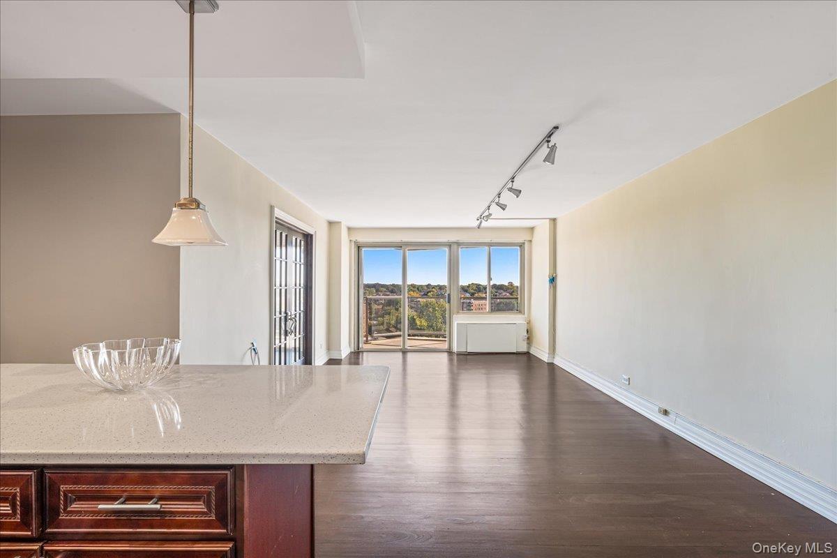 Kitchen with rail lighting, decorative light fixtures, dark wood-type flooring, light stone countertops, and open floor plan