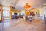 Dining area with recessed lighting, stairway, radiator, and a ceiling fan
