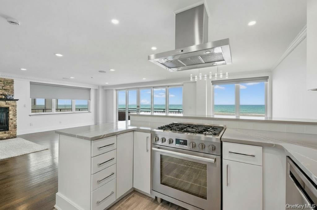 Kitchen featuring stainless steel appliances, white cabinetry, island exhaust hood, light wood-type flooring, and ornamental molding