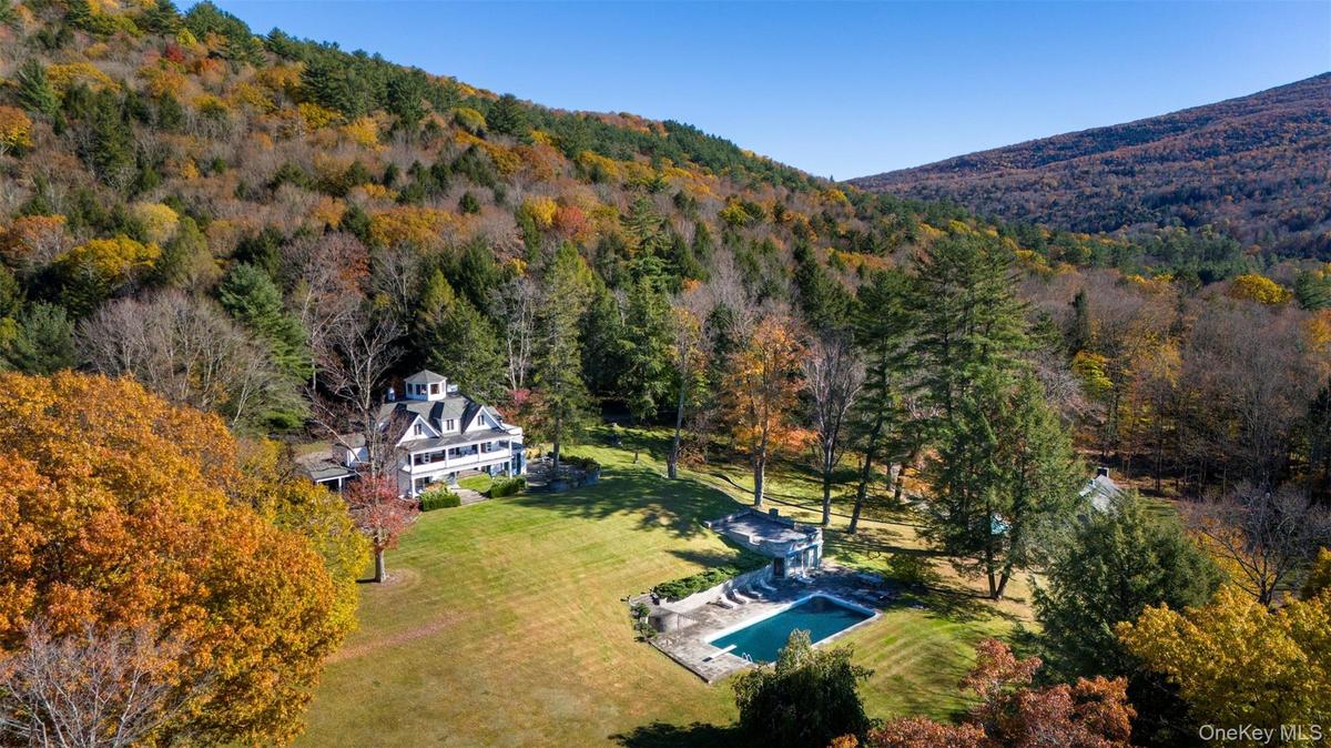 Fall aerial view of property and pool