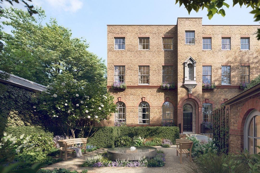 exterior view of restored Victorian school building with ornamental brickwork and arched windows, Brook Green London