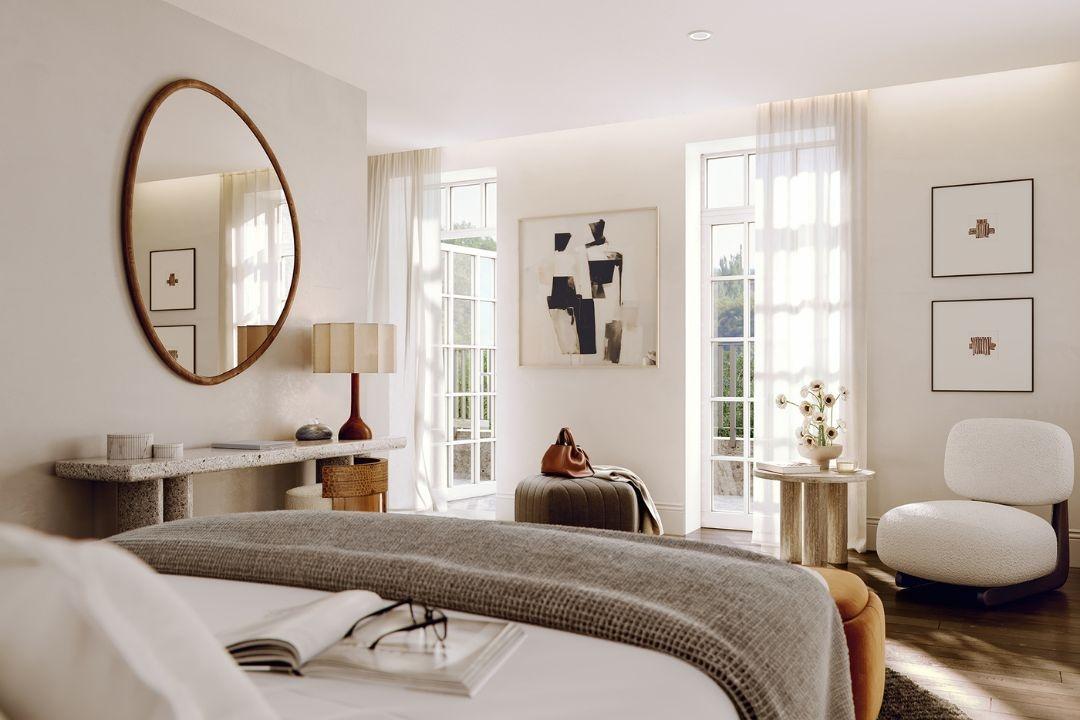 master bedroom with bespoke fitted joinery and arched window detail, off-plan apartment W6