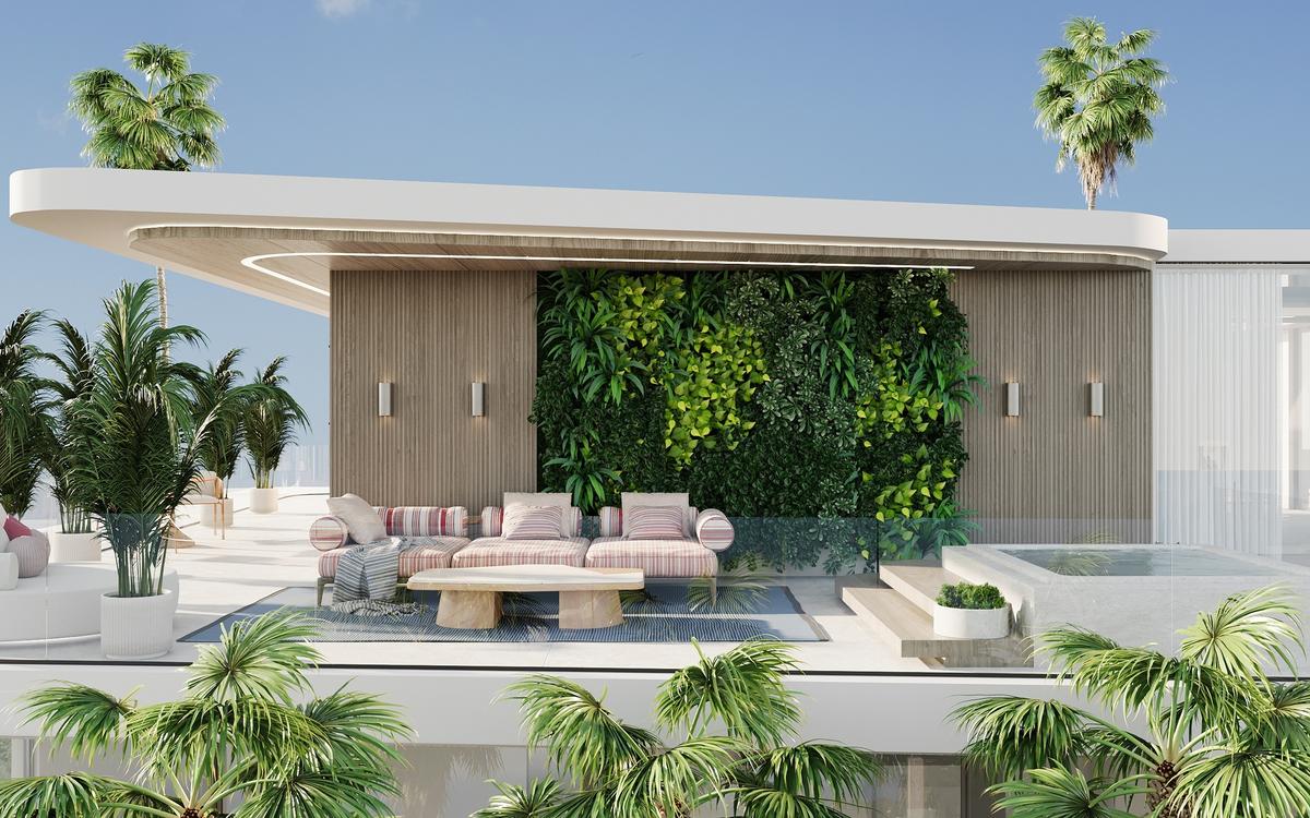 	Rooftop terrace with living green wall and plunge pool, Hermès-inspired mansion Dubai