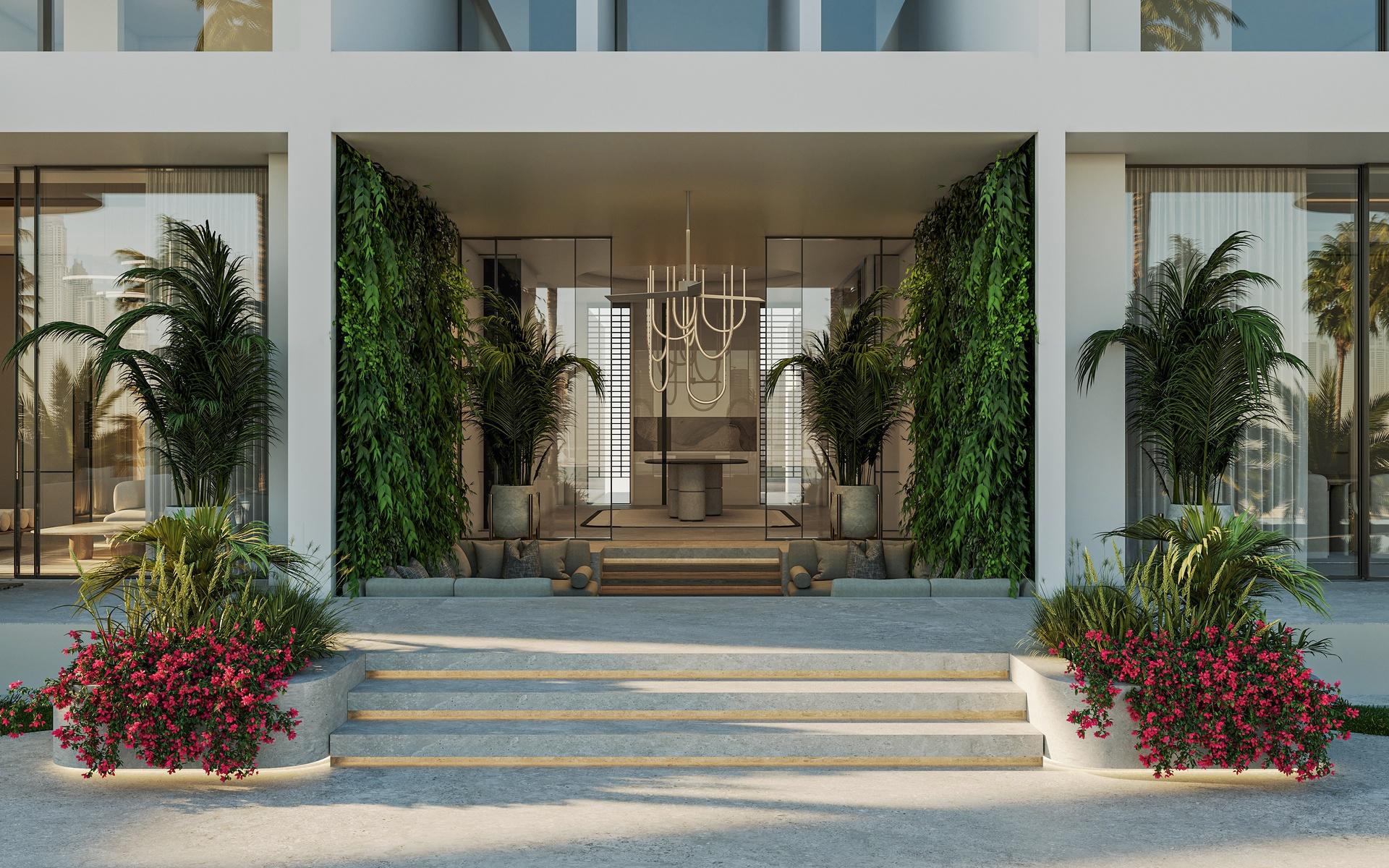 Double-height entrance foyer with designer chandelier, Hermès-inspired mansion Dubai