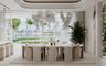 	Formal dining room with sculptural chandelier overlooking Arabian Gulf, Amali Island