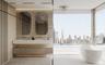 	Travertine master bathroom with freestanding bath and Dubai skyline view
