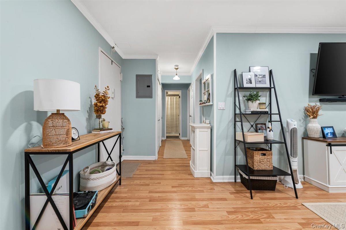 Hallway with electric panel, crown molding, and light wood finished floors