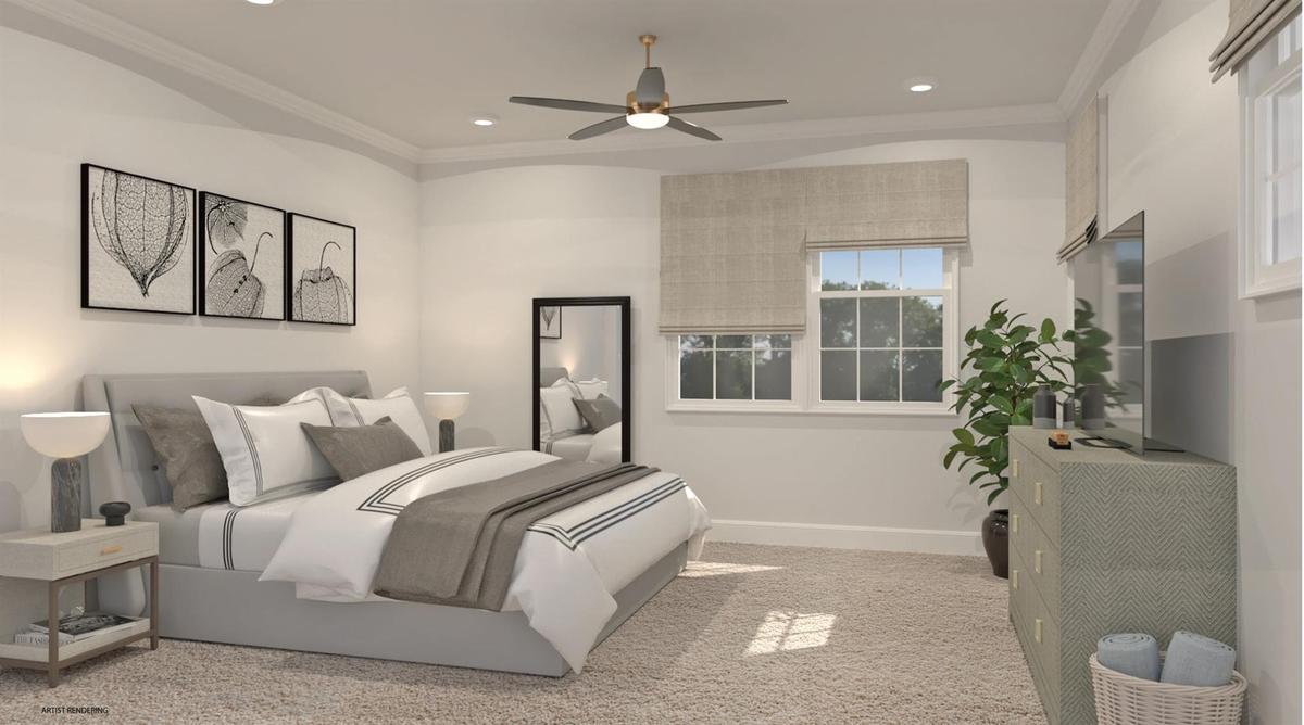 Bedroom with ceiling fan, recessed lighting, light carpet, baseboards, and crown molding