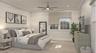 Bedroom with ceiling fan, recessed lighting, light carpet, baseboards, and crown molding