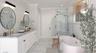 Full bath featuring marble finish floor, a marble finish shower, a freestanding bath, ornamental molding, and a sink