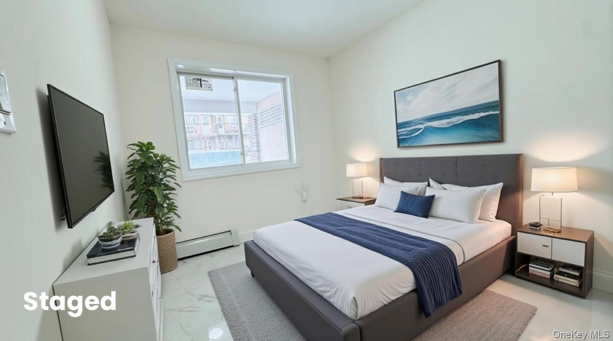 Bedroom featuring light marble finish flooring and baseboard heating