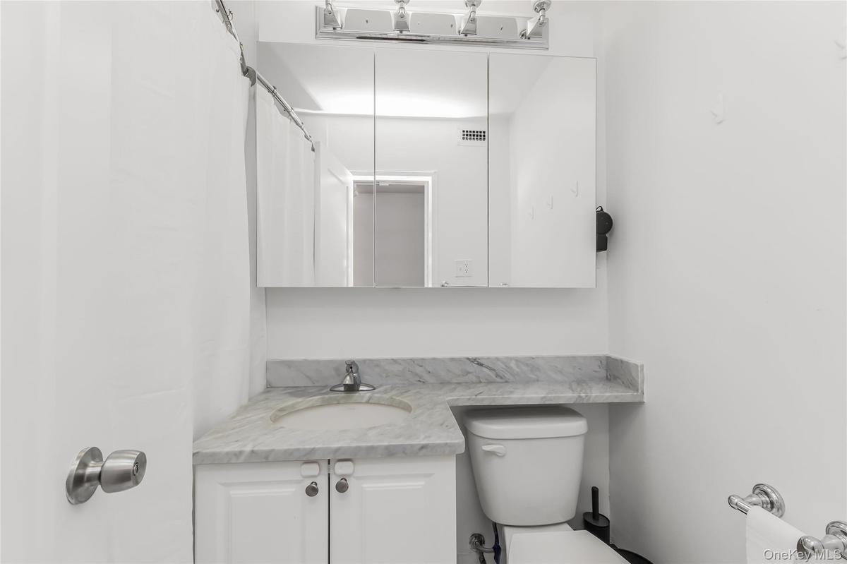 Bathroom with vanity and curtained shower