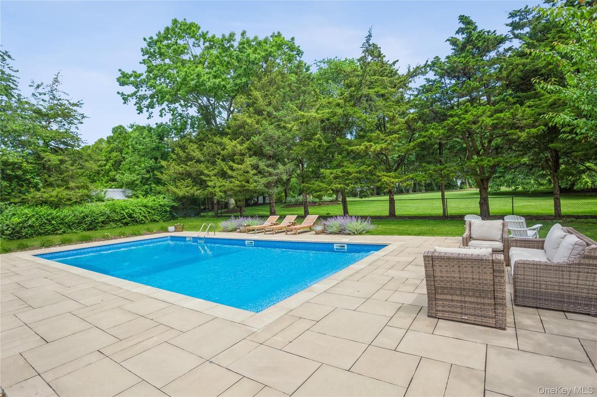 View of pool with a patio area and view of wooded area