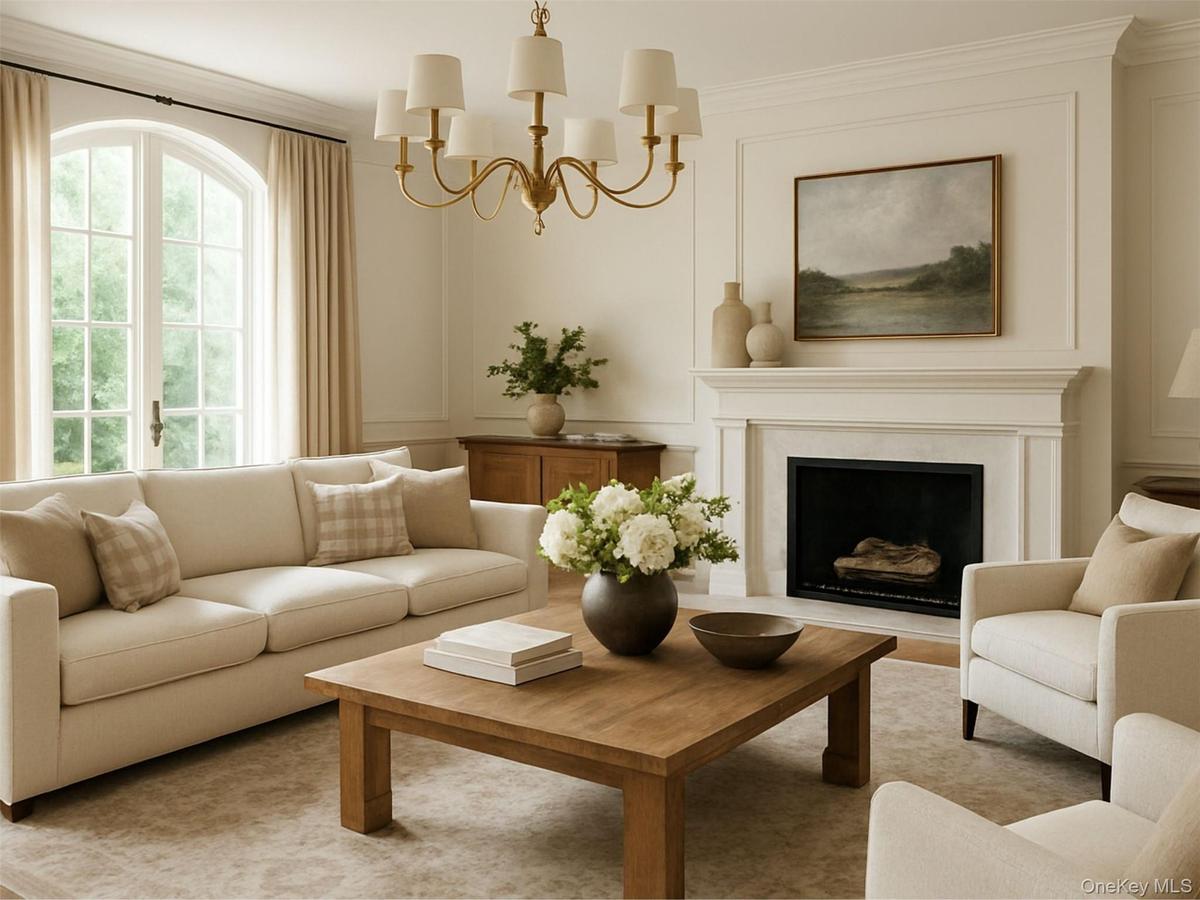 Living area with a decorative wall, a chandelier, ornamental molding, and a fireplace