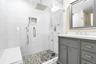 Full bathroom with vanity and a shower stall