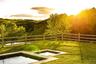 View of yard with an in-ground hot tub and a forest view