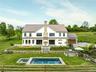 Back of house featuring a chimney, a standing seam roof, an outdoor pool, an in-ground hot tub, and an attached garage