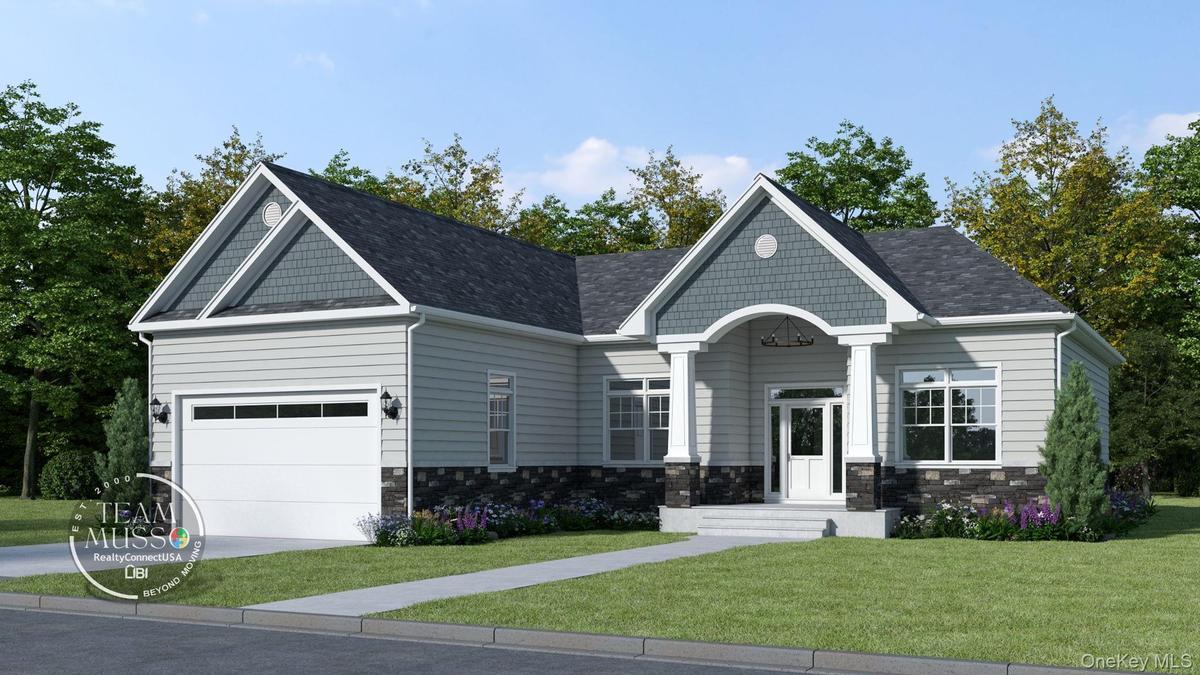 View of front of property with stone siding, a front yard, an attached garage, driveway, and roof with shingles. For Marketing Purposes!
