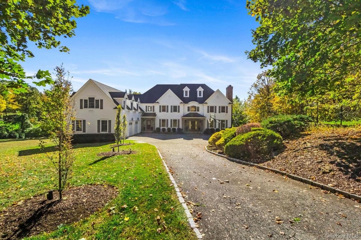 View of front of property with driveway, a garage, a front lawn, and a chimney