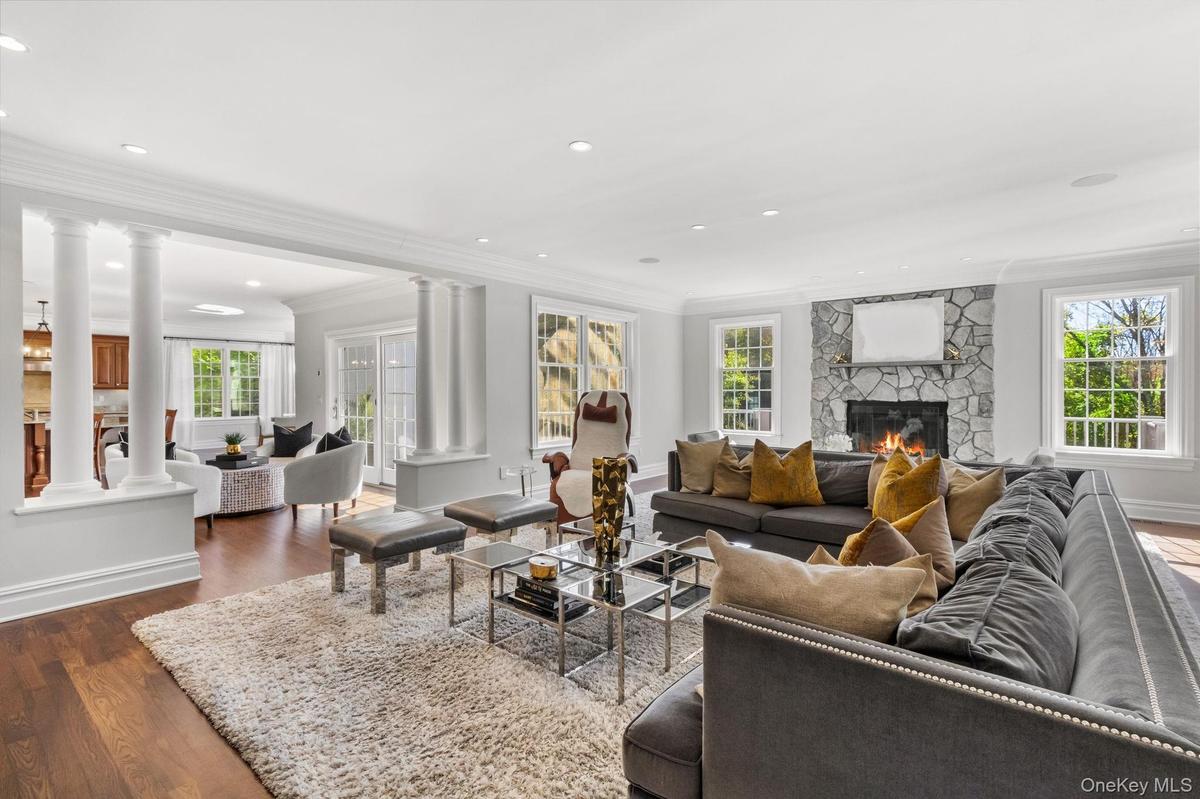 Living area featuring ornate columns, crown molding, dark wood finished floors, plenty of natural light, and recessed lighting