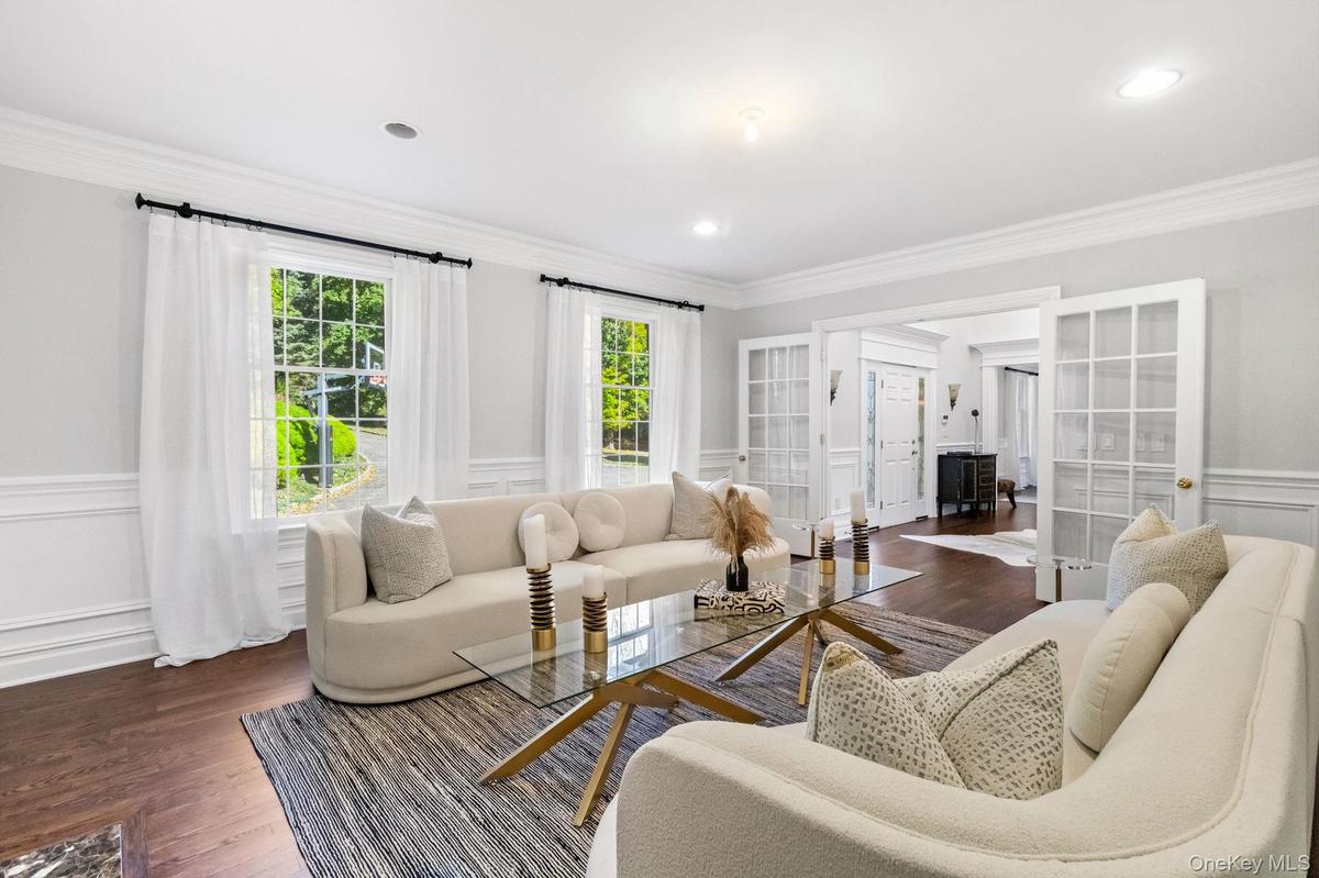 Living room featuring a decorative wall, wainscoting, french doors, ornamental molding, and dark wood-type flooring