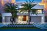 A striking modern façade framed by towering palms and clean architectural lines, illuminated beautifully at twilight. Sleek and sophisticated, this re