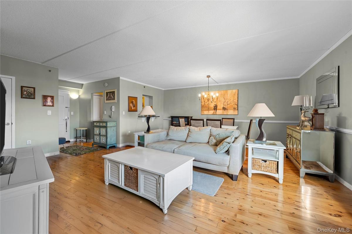 Expansive living area featuring wood-finish flooring, light gray wall tones, and white crown molding