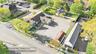 Aerial view of residential area with property parcel outlined