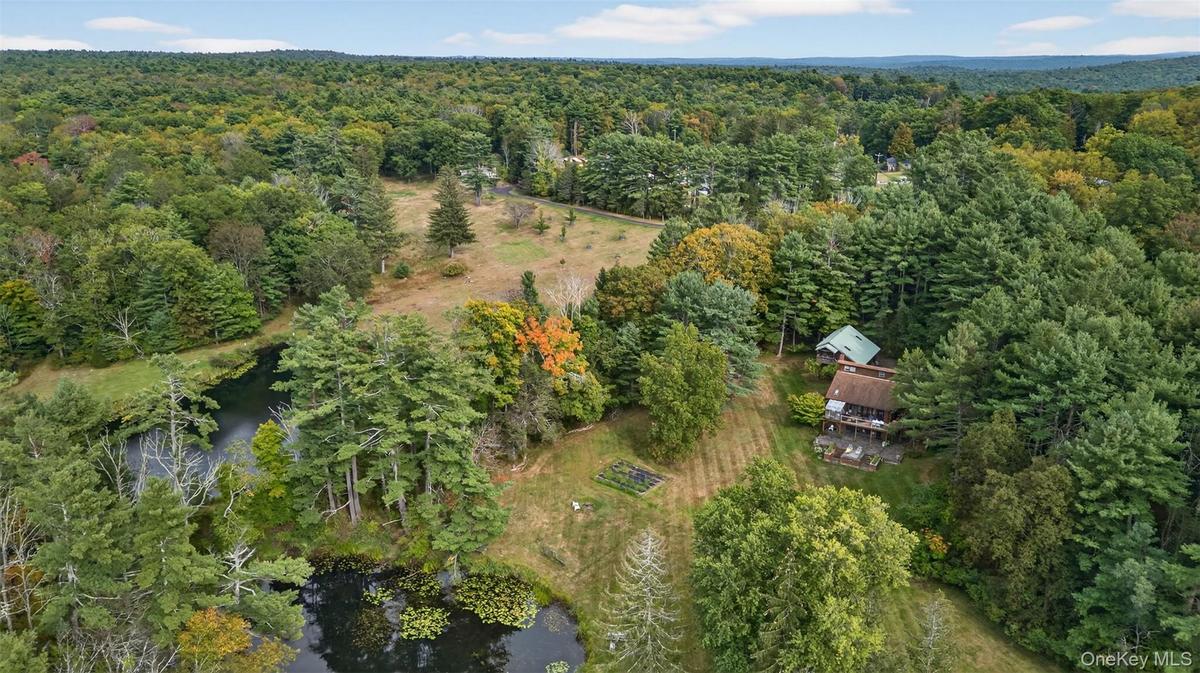 Aerial view of property and surrounding area with a large body of water and a heavily wooded area