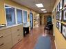Home office with a drop ceiling, dark wood-style flooring, and baseboards