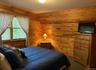 Carpeted bedroom with wood walls