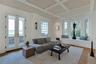 Living room french doors, coffered ceiling with inlaid wood veneer paper
