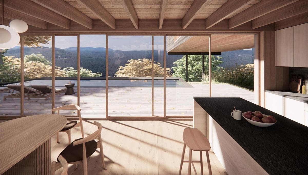 Sunroom / solarium featuring beam ceiling and a mountain view