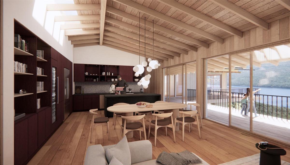 Dining room featuring light wood-style flooring and wood ceiling