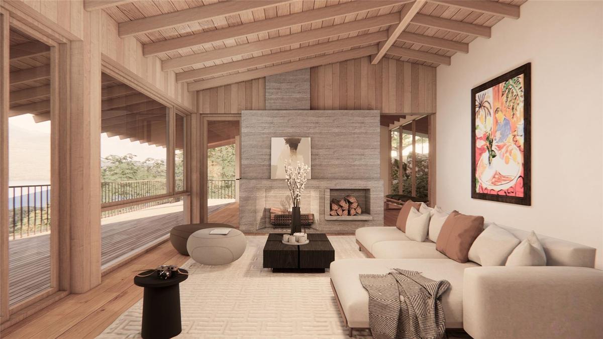 Living area featuring wooden ceiling, wooden walls, wood finished floors, and a large fireplace