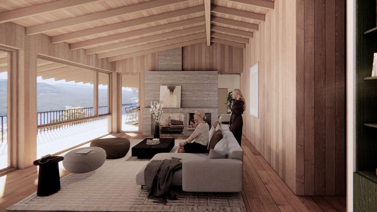 Living room featuring wood-type flooring, wood walls, wood ceiling, and a mountain view