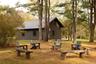 View of green lawn featuring view of scattered trees and an outdoor fire pit