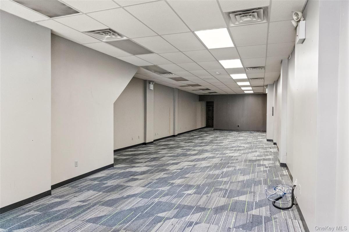 Finished basement with carpet and a drop ceiling