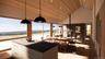 Kitchen with modern cabinets, decorative light fixtures, dark wood finished floors, high vaulted ceiling, and wooden ceiling