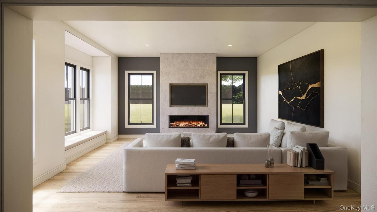 Spacious living room with chic fireplace