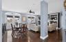 Dining room featuring crown molding, dark wood finished floors, ceiling fan, recessed lighting, and french doors