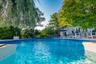 In-ground swimming pool with perimeter landscaping, a pool ladder, and a surrounding hardscape patio