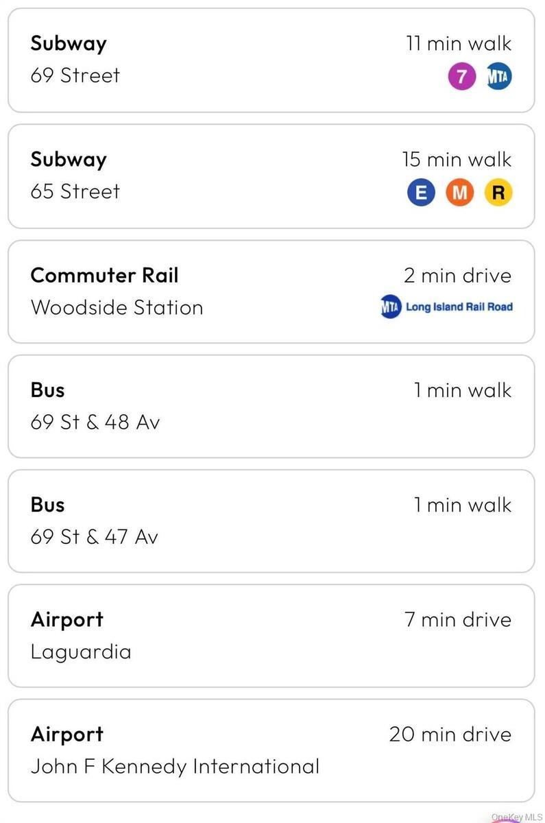 Transportation Proximity. Listing available public transport and airport travel times from the property