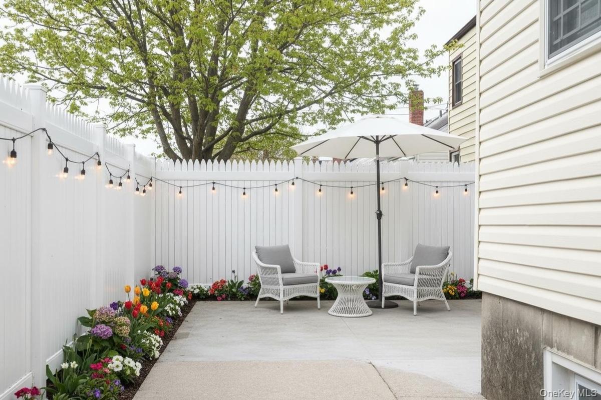 Fenced backyard with a patio