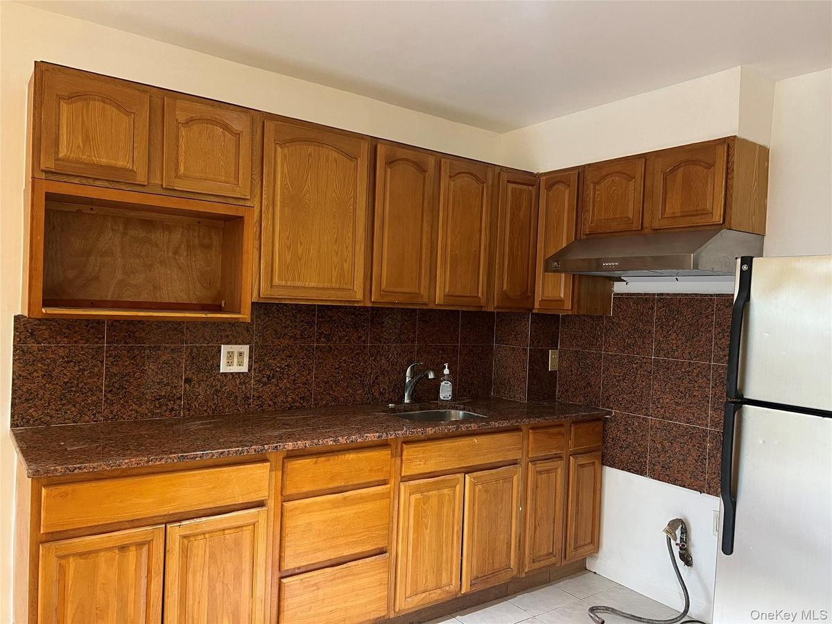 Kitchen featuring freestanding refrigerator, ventilation hood, a sink, dark stone counters, and decorative backsplash