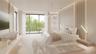 A serene upper-level primary suite with floor-to-ceiling glass doors opening to a private terrace and a sleek linear fireplace adding warmth and ambia