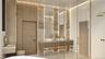 The spa-inspired bath features a steam shower, freestanding soaking tub, and illuminated stone detailing. Warm wood millwork and integrated lighting e