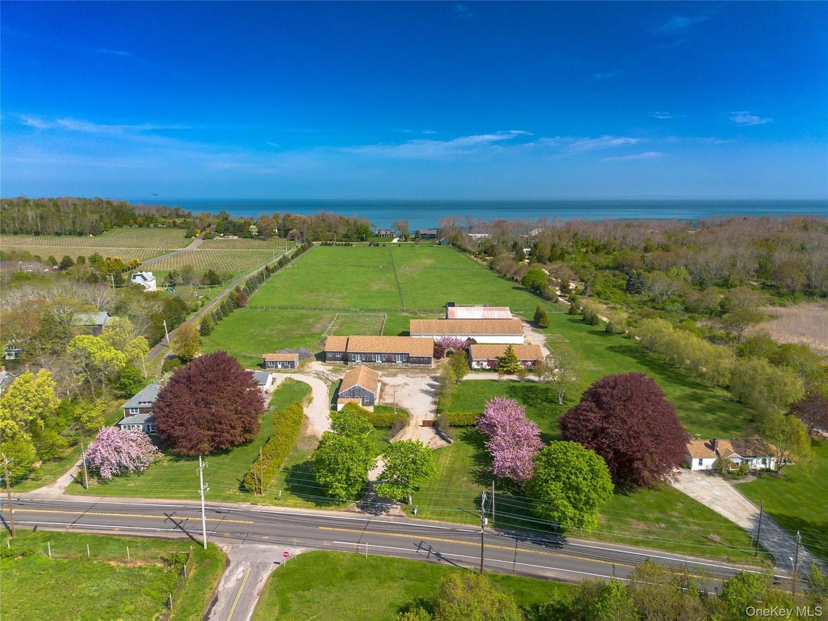 Aerial view of sparsely populated area with a nearby body of water