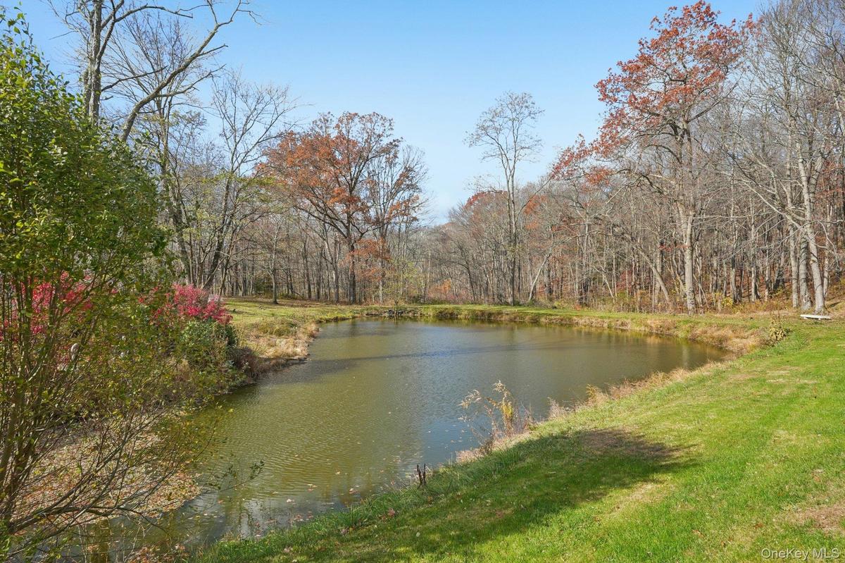 Pond with natural banks, surrounded by a grassy expanse and mature trees