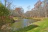 Pond with natural banks, surrounded by a grassy expanse and mature trees